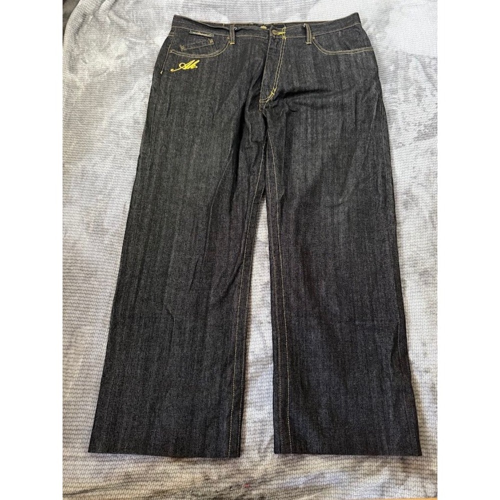 Akademiks Mens Raw Indigo Denim Jeans Wide Leg Dark Wash Y2K Size 40x31